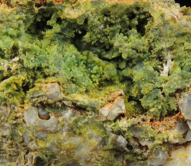 Pyromorphite with Wulfenite on Quartz from Brookdale Mine, Phoenixville District, Chester County, Pennsylvania