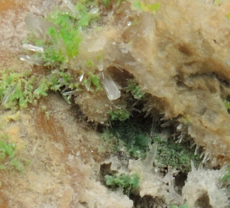 Pyromorphite and Quartz on Quartz from Brookdale Mine, Phoenixville District, Chester County, Pennsylvania