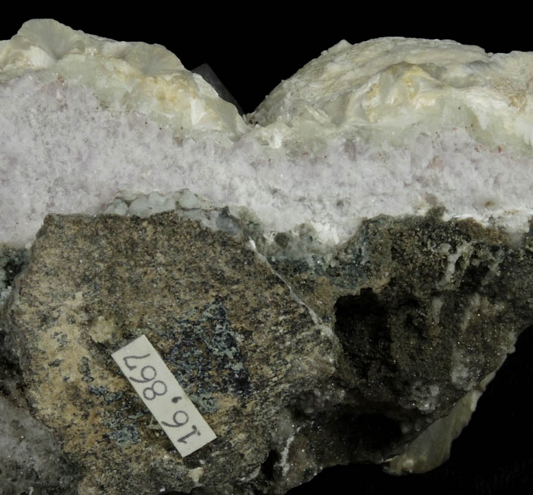 Apophyllite on Pectolite over Amethyst Quartz from Prospect Park Quarry, Prospect Park, Passaic County, New Jersey