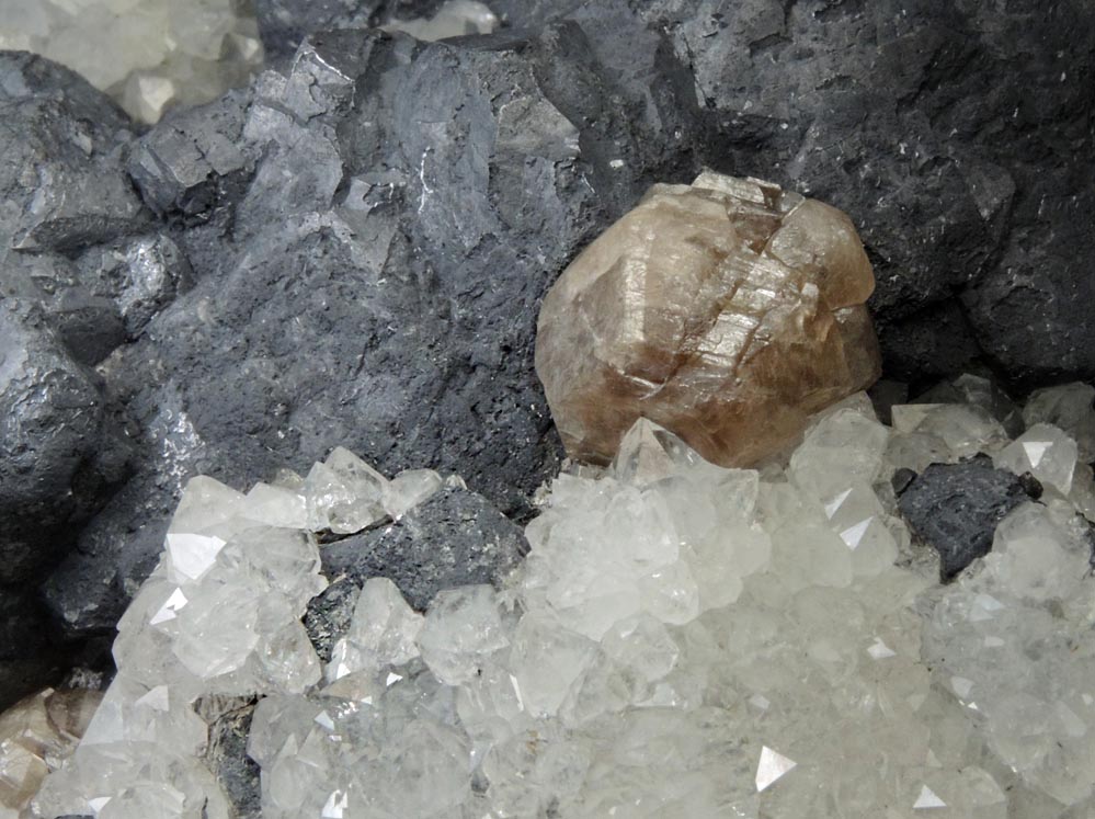 Cerussite on Galena and Quartz from Strbro, 25 km west of Plzen, Bohemia, Czech Republic