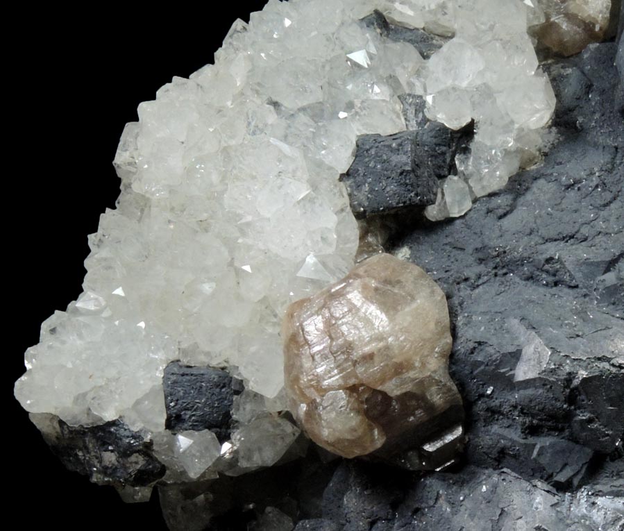 Cerussite on Galena and Quartz from Strbro, 25 km west of Plzen, Bohemia, Czech Republic