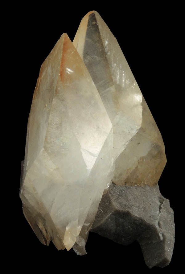 Calcite (including two twinned crystals) from Elmwood Mine, Carthage, Smith County, Tennessee