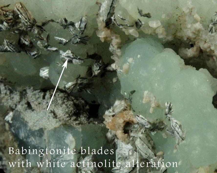 Prehnite pseudomorphs after Anhydrite plus Babingtonite with Actinolite alteration from Prospect Park Quarry, Prospect Park, Passaic County, New Jersey