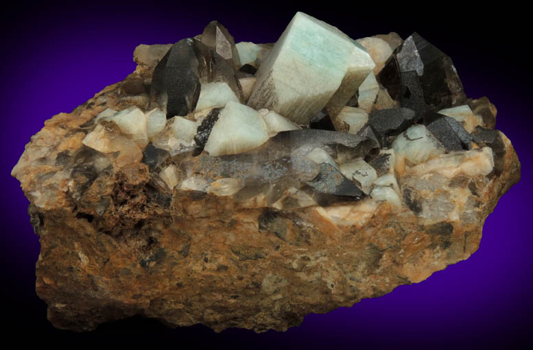 Microcline var. Amazonite and Smoky Quartz with Hematite from Crystal Peak area, 6.5 km northeast of Lake George, Park-Teller Counties, Colorado