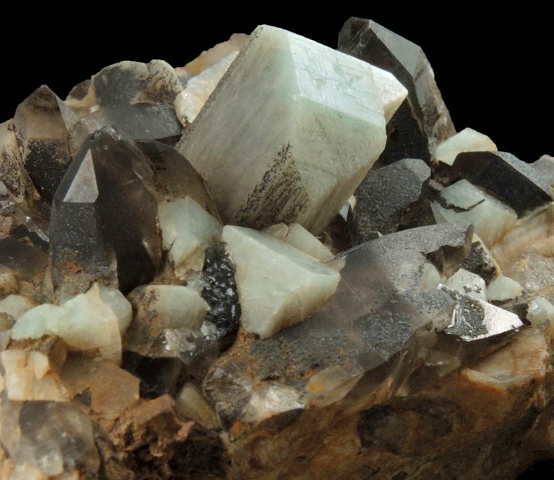 Microcline var. Amazonite and Smoky Quartz with Hematite from Crystal Peak area, 6.5 km northeast of Lake George, Park-Teller Counties, Colorado