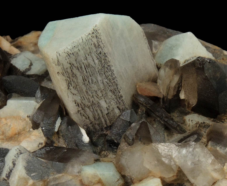 Microcline var. Amazonite and Smoky Quartz with Hematite from Crystal Peak area, 6.5 km northeast of Lake George, Park-Teller Counties, Colorado