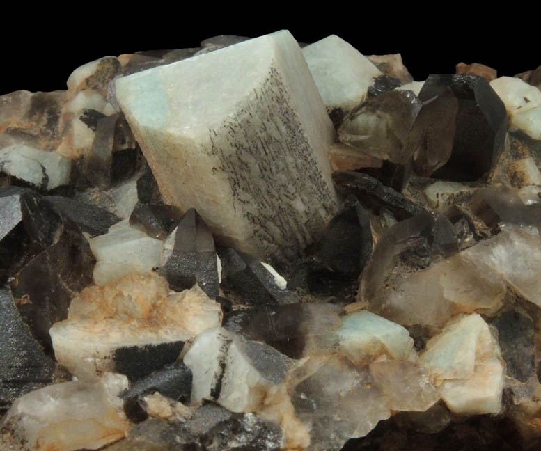 Microcline var. Amazonite and Smoky Quartz with Hematite from Crystal Peak area, 6.5 km northeast of Lake George, Park-Teller Counties, Colorado