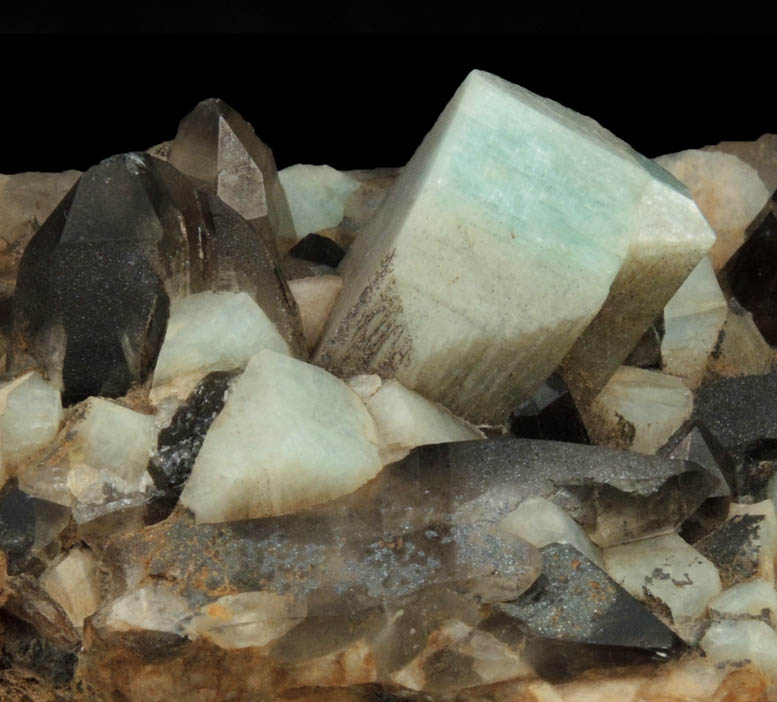 Microcline var. Amazonite and Smoky Quartz with Hematite from Crystal Peak area, 6.5 km northeast of Lake George, Park-Teller Counties, Colorado