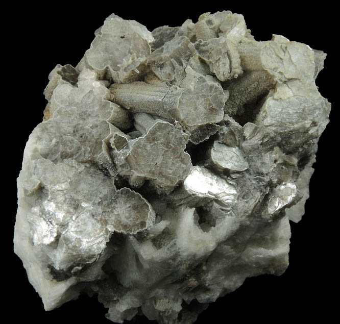 Muscovite (columnar crystals) on Albite var. Cleavelandite from Emmons Quarry, southeastern slope of Uncle Tom Mountain,  Greenwood, Oxford County, Maine