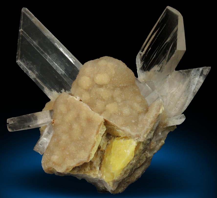 Gypsum var. Selenite on Aragonite over Sulfur from Agrigento (Girgenti), Sicily, Italy