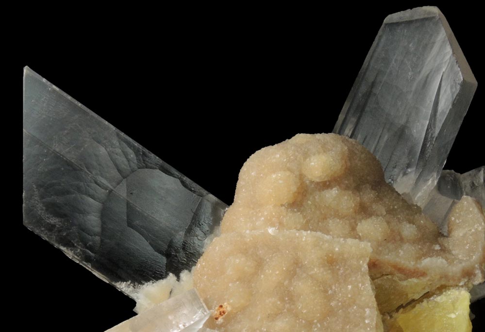 Gypsum var. Selenite on Aragonite over Sulfur from Agrigento (Girgenti), Sicily, Italy