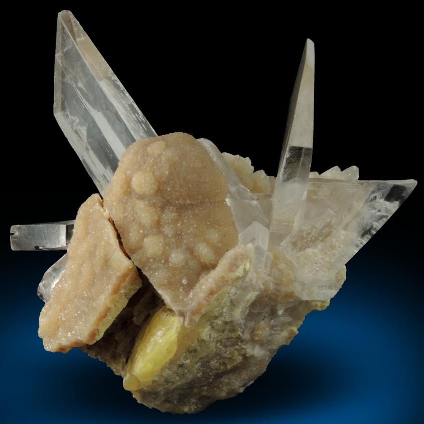 Gypsum var. Selenite on Aragonite over Sulfur from Agrigento (Girgenti), Sicily, Italy