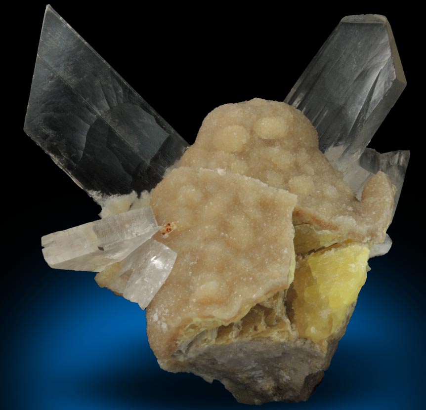 Gypsum var. Selenite on Aragonite over Sulfur from Agrigento (Girgenti), Sicily, Italy