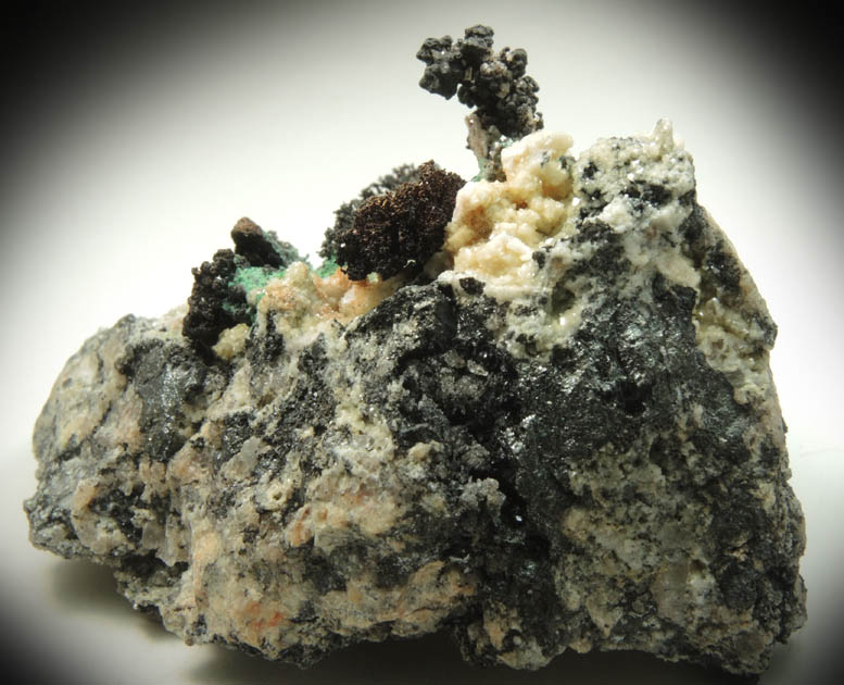 Copper crystals on Dolomite with Malachite and Tennantite from Tsumeb Mine, Otavi-Bergland District, Oshikoto, Namibia