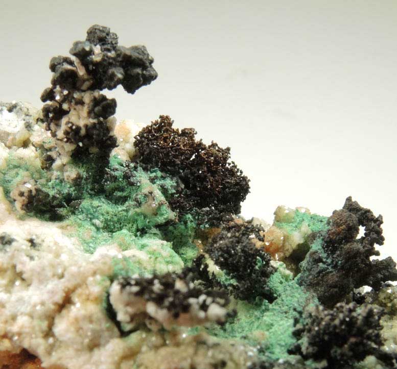 Copper crystals on Dolomite with Malachite and Tennantite from Tsumeb Mine, Otavi-Bergland District, Oshikoto, Namibia