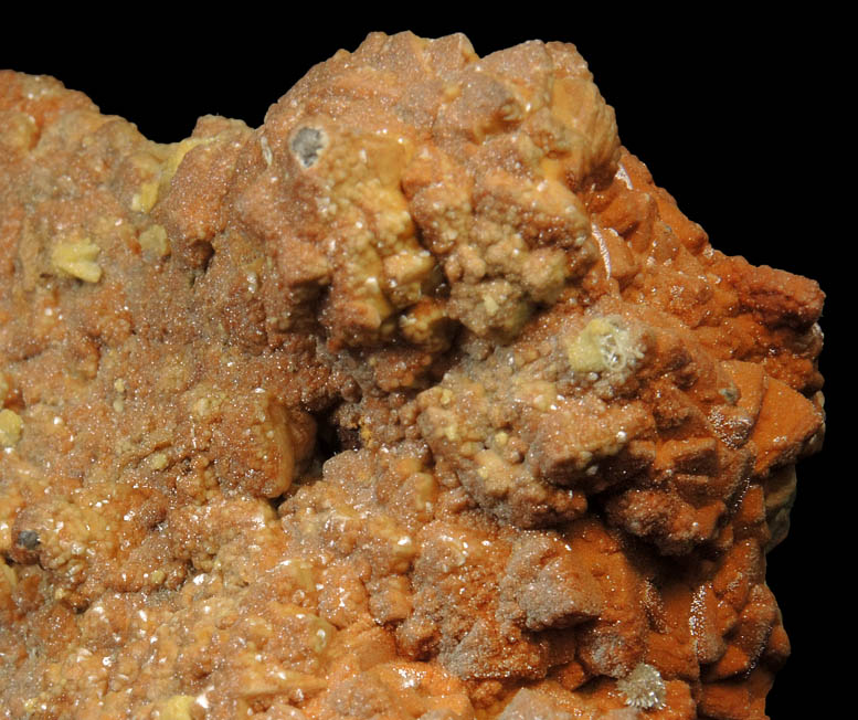 Mimetite pseudomorphs after Cerussite over Smithsonite coating Calcite from Tsumeb Mine, Otavi-Bergland District, Oshikoto, Namibia