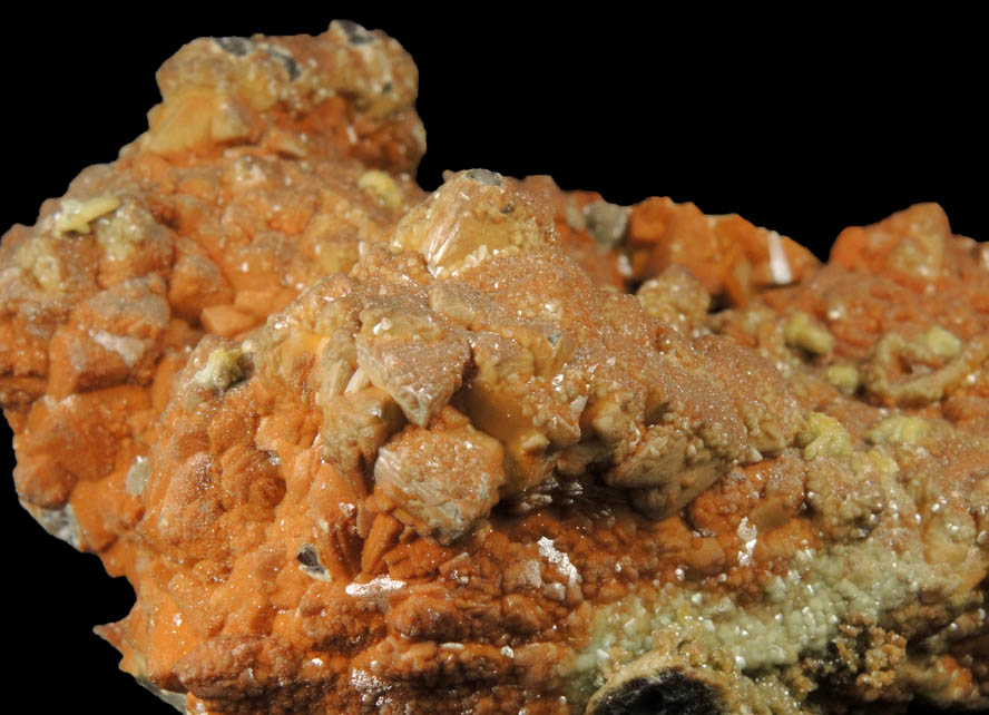 Mimetite pseudomorphs after Cerussite over Smithsonite coating Calcite from Tsumeb Mine, Otavi-Bergland District, Oshikoto, Namibia