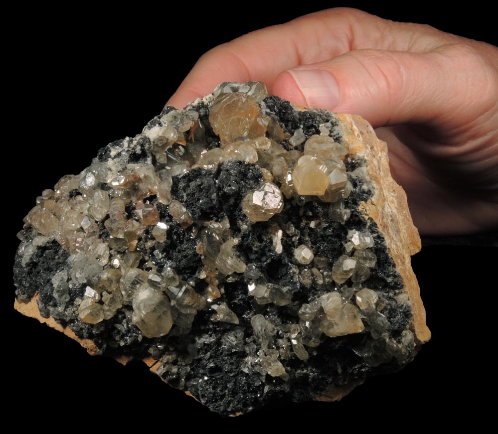 Cerussite (twinned crystals) on Galena over Barite from Mibladen, Haute Moulouya Basin, Zeida-Aouli-Mibladen belt, Midelt Province, Morocco