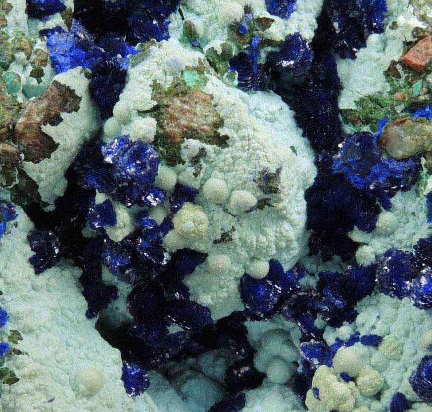 Azurite on Chrysocolla from Morenci Mine, NW Extension, Clifton District, Greenlee County, Arizona