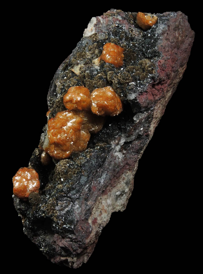 Siderite var. Sphaerosiderite on Stilpnomelane var. Chalcodite with Hematite from Sterling Mine, Antwerp, St. Lawrence County, New York