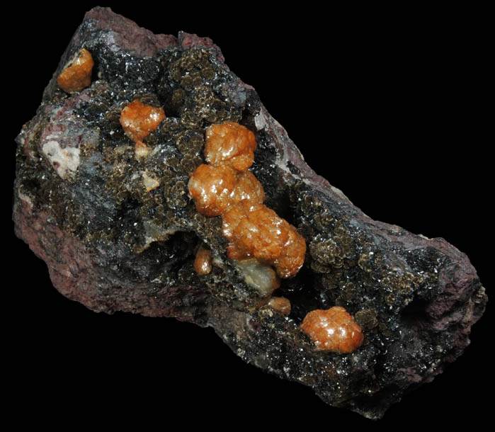 Siderite var. Sphaerosiderite on Stilpnomelane var. Chalcodite with Hematite from Sterling Mine, Antwerp, St. Lawrence County, New York