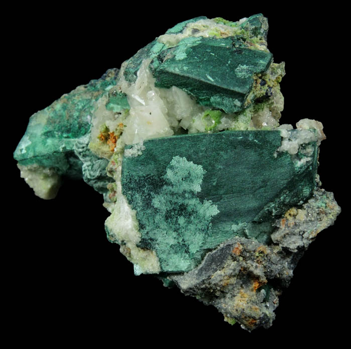 Malachite pseudomorphs after Azurite with Calcite from Tsumeb Mine, Otavi-Bergland District, Oshikoto, Namibia