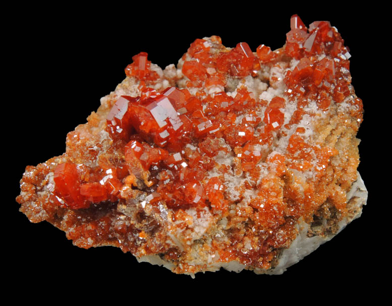 Vanadinite on Barite with Calcite from Mibladen, Haute Moulouya Basin, Zeida-Aouli-Mibladen belt, Midelt Province, Morocco