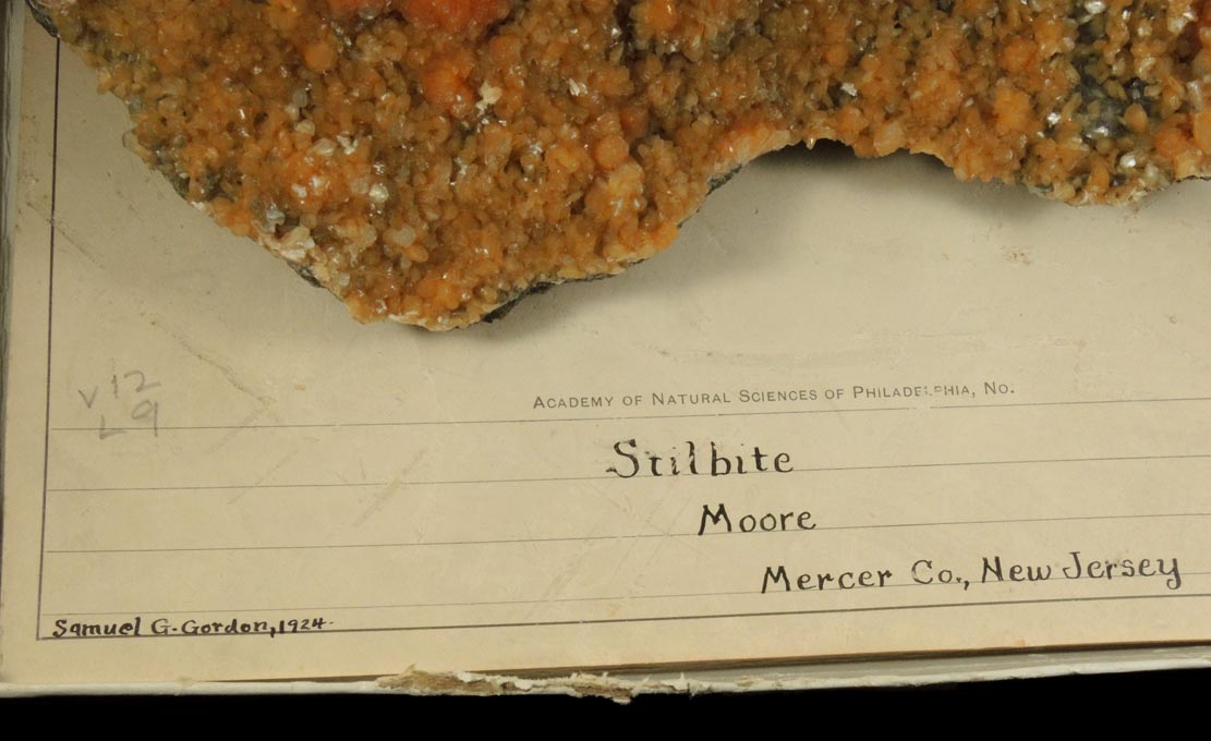 Stilbite with Calcite from Moore's Station Quarry, 44 km northeast of Philadelphia, Mercer County, New Jersey