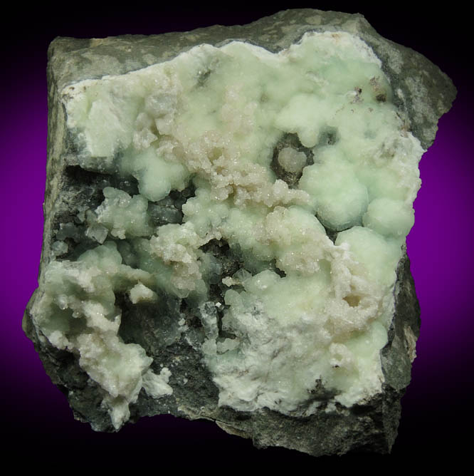 Apophyllite and Calcite on Prehnite from O and G Industries Southbury Quarry, Southbury, New Haven County, Connecticut