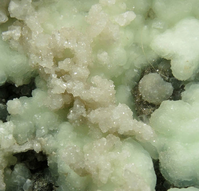 Apophyllite and Calcite on Prehnite from O and G Industries Southbury Quarry, Southbury, New Haven County, Connecticut