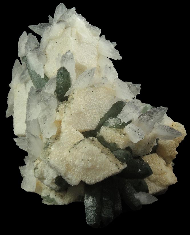 Quartz with Chlorite on Calcite from Naica District, Saucillo, Chihuahua, Mexico