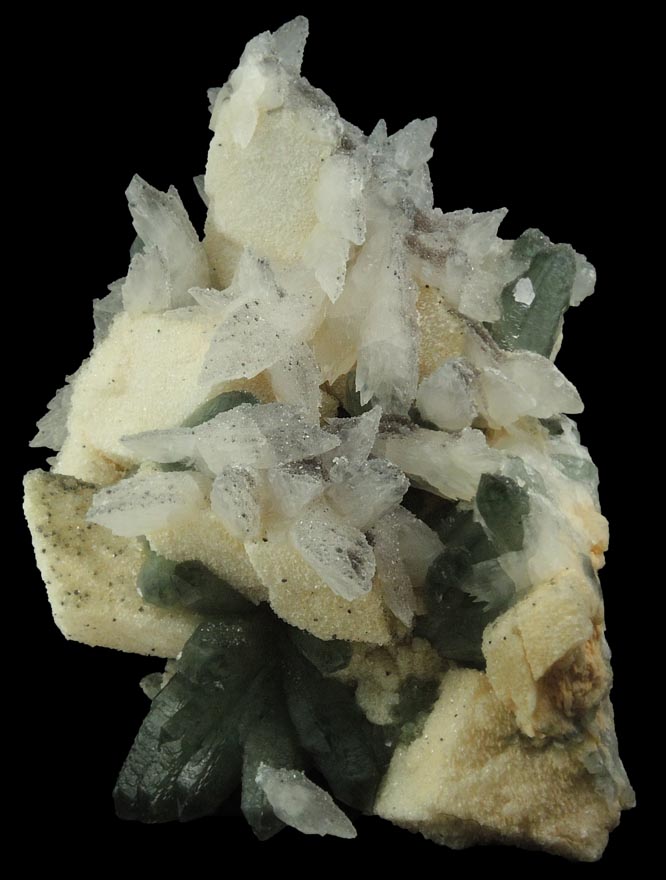 Quartz with Chlorite on Calcite from Naica District, Saucillo, Chihuahua, Mexico