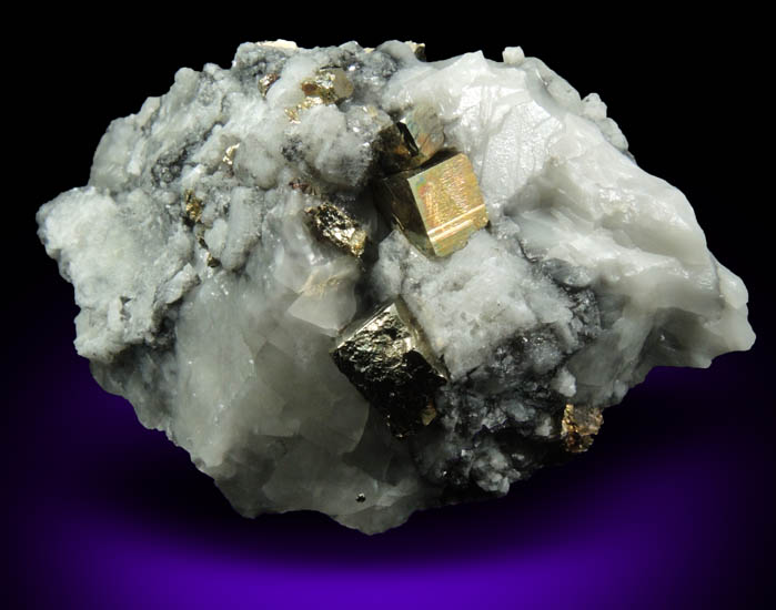 Pyrite in Calcite from Lime Crest Quarry (Limecrest), Sussex Mills, 4.5 km northwest of Sparta, Sussex County, New Jersey