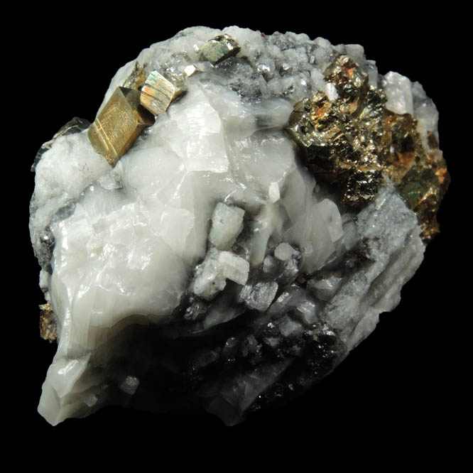 Pyrite in Calcite from Lime Crest Quarry (Limecrest), Sussex Mills, 4.5 km northwest of Sparta, Sussex County, New Jersey