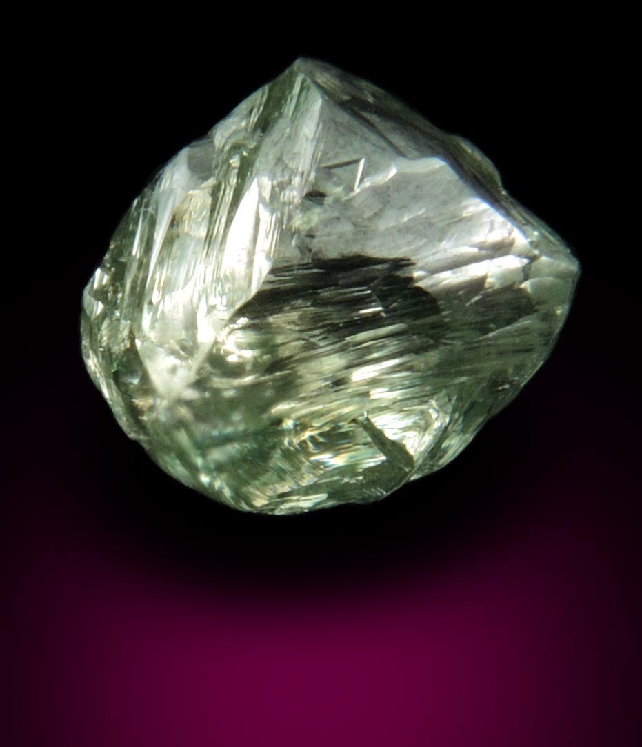 Diamond (1.37 carat superb gem-grade cuttable green asymmetric octahedral uncut diamond) from Almazy Anabara Mine, Sakha (Yakutia) Republic, Siberia, Russia