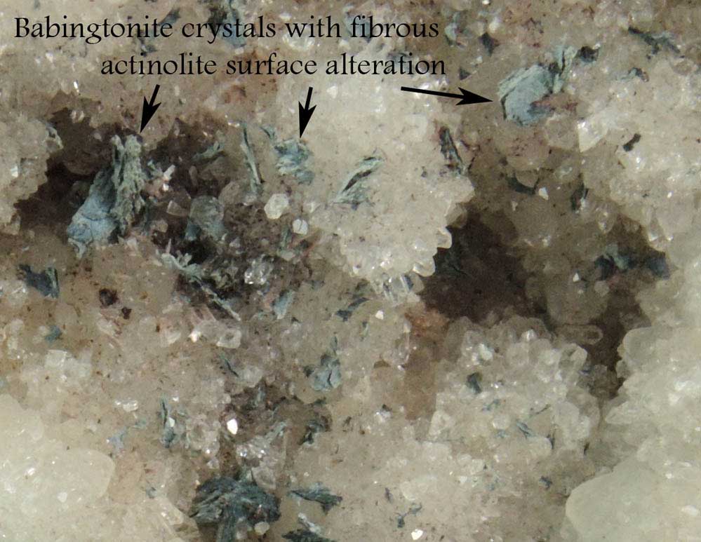 Apophyllite and Babingtonite with Actinolite alteration on Quartz pseudomorphs after Anhydrite from Prospect Park Quarry, Prospect Park, Passaic County, New Jersey