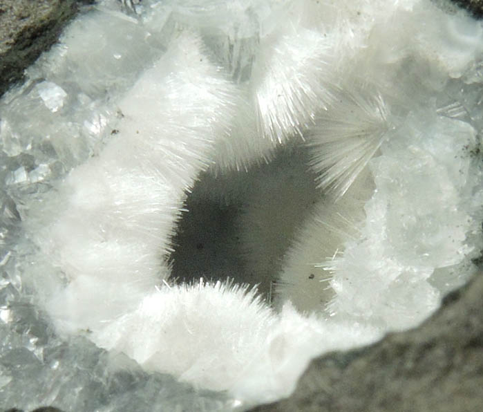 Mesolite over Calcite from Hvaleyri, 24 km NNE of Reykjavk, Hvalfjrur, Iceland