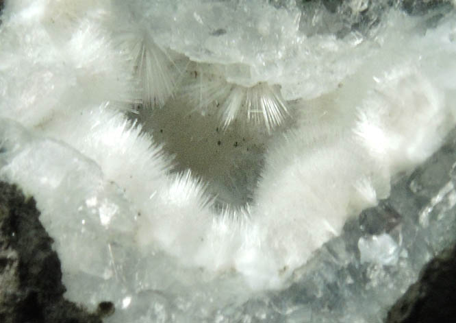 Mesolite over Calcite from Hvaleyri, 24 km NNE of Reykjavk, Hvalfjrur, Iceland