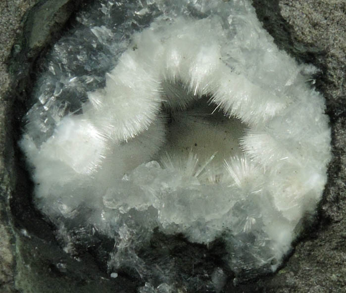 Mesolite over Calcite from Hvaleyri, 24 km NNE of Reykjavk, Hvalfjrur, Iceland