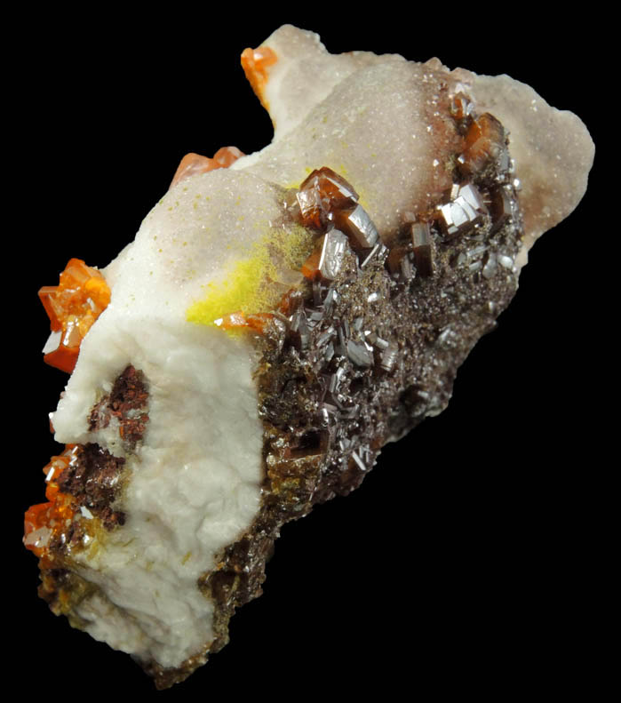 Wulfenite with Mimetite on Calcite from Sierra de Los Lamentos, Chihuahua, Mexico