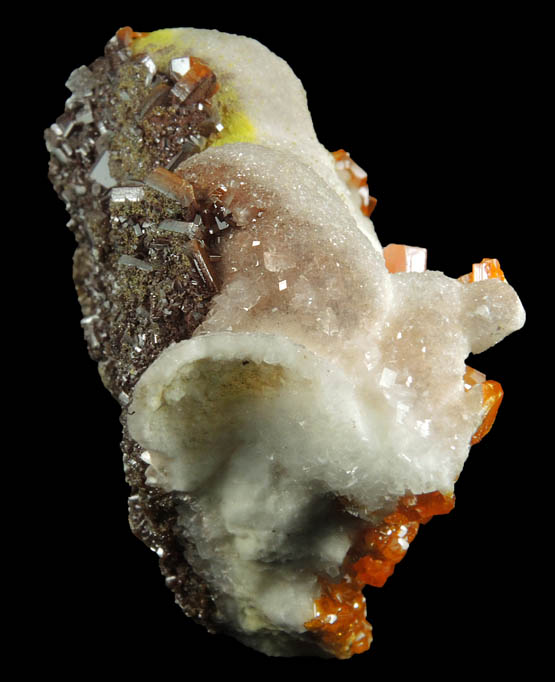 Wulfenite with Mimetite on Calcite from Sierra de Los Lamentos, Chihuahua, Mexico