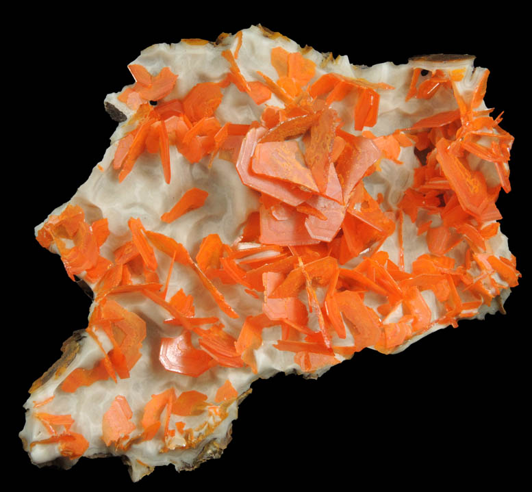 Wulfenite on Calcite from Jianshan Mine, Kuruktag Mountains, 300 km southeast of rmqi, Shanshan County, Xinjiang Uygur Region, China