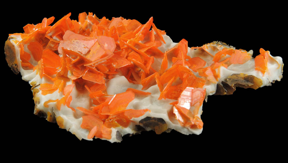 Wulfenite on Calcite from Jianshan Mine, Kuruktag Mountains, 300 km southeast of rmqi, Shanshan County, Xinjiang Uygur Region, China