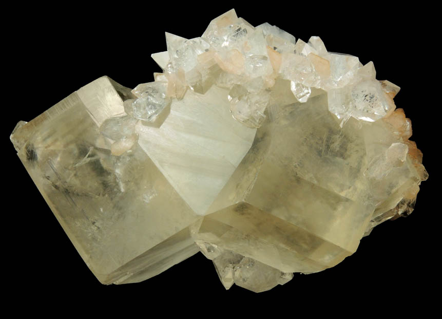 Apophyllite and Stilbite on twinned Calcite from Jalgaon, Maharashtra, India