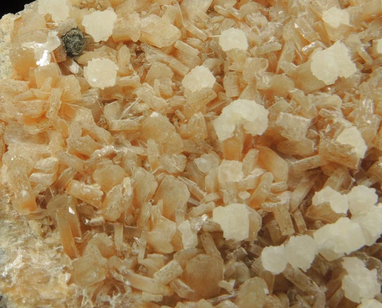 Stilbite with Calcite and Pyrite, plus Almandine Garnet from 700' level, Sta.167, Queens Tunnel of NYC Water Tunnel #3, Woodside, Queens, New York City, New York