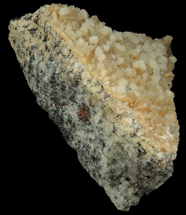 Stilbite with Calcite and Pyrite, plus Almandine Garnet from 700' level, Sta.167, Queens Tunnel of NYC Water Tunnel #3, Woodside, Queens, New York City, New York