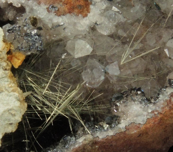 Millerite, Hematite, Dolomite on Quartz from Sterling Mine, Antwerp, Jefferson County, New York