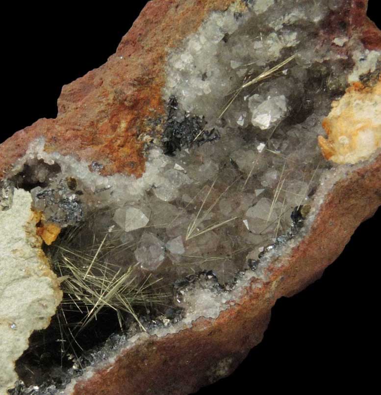 Millerite, Hematite, Dolomite on Quartz from Sterling Mine, Antwerp, Jefferson County, New York