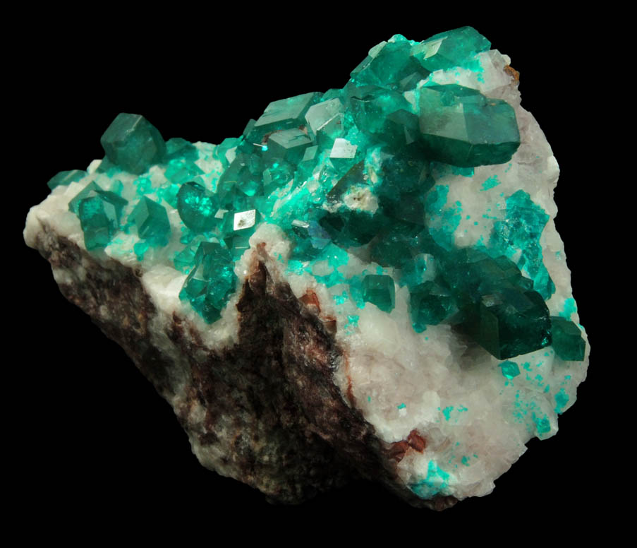 Dioptase on Calcite from Tsumeb Mine, 2nd Oxide Zone, Otavi-Bergland District, Oshikoto, Namibia