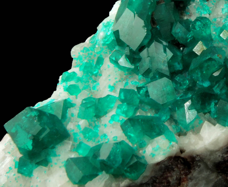 Dioptase on Calcite from Tsumeb Mine, 2nd Oxide Zone, Otavi-Bergland District, Oshikoto, Namibia